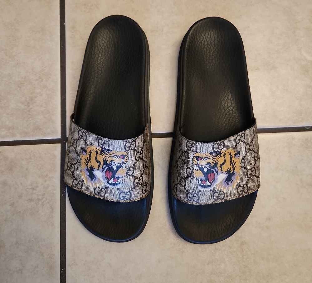 Gucci Black and Gold Tiger Slides